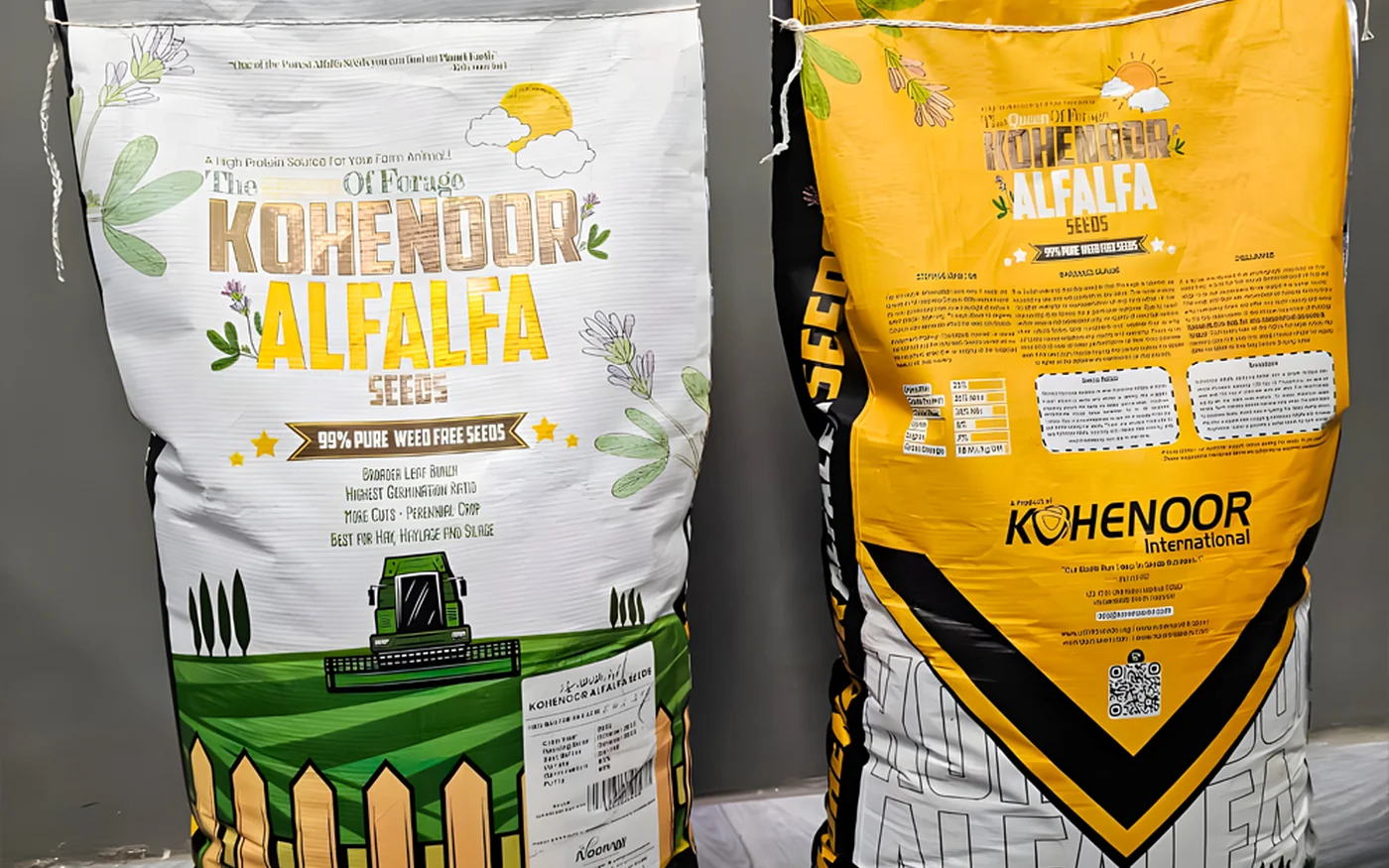 Kohenoor International export packaging — 25 kg and 50 kg PP bags, custom branding available